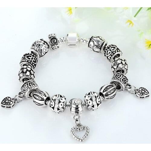 BK Antique Silver Charm Bracelet & Bangle Silver 925 With Heart Pendant for Women Wedding Vintage Jewelry