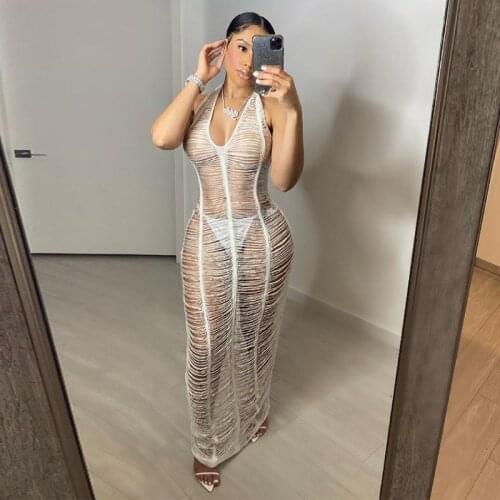 BKLD Summer Women Sleeveless Backless Sexy Deep V-neck Hollow Out Long Bodycon Dress 2021 Fashion Swimsuit Bikini Cover Up Dress