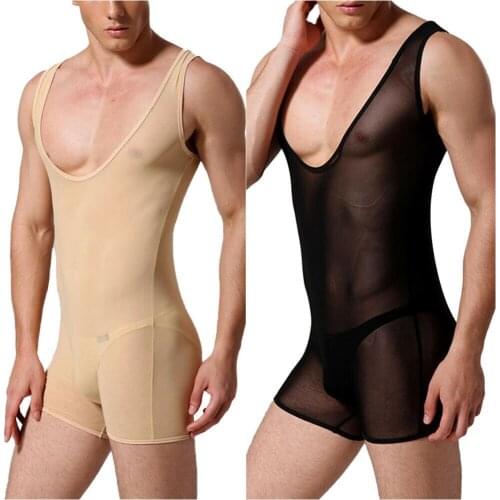 Men Sexy Boxer Jumpsuit Underwear Thin Mesh See Through Sleeveless Bodysuit One Piece Boxer Shorts Leotard Wrestling Singlet