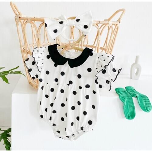 Baby Girls Clothes Summer Jumpsuits Infant Dot Printed Ruffle Cotton Rompers+Headband 2PCS Set Newborn Party Princess Outfits