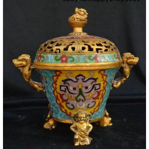 China Dynasty Bronze Cloisonne Enamel Pi xiu Buddha Incense Burner Censer Statue