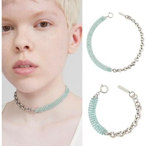 Jewelry green opal-encrusted stitching chain asymmetric short necklace bracelet jewelry set