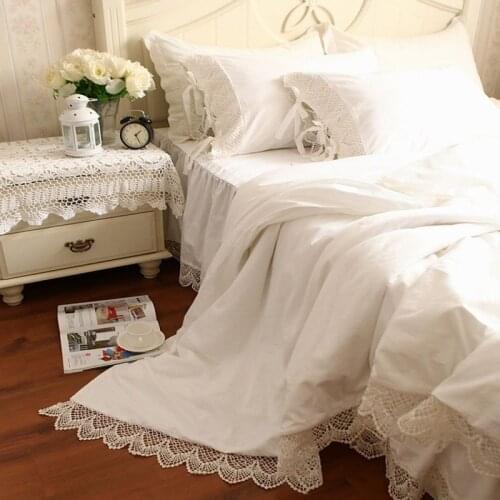 Snow white bedding set Luxury hollow out lace duvet cover bed skirt sheet pillowcase Solid ruffle bedspread parure de lit