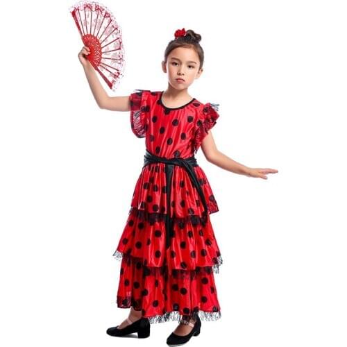 Girls Spanish Flamenco Modern Dance Costume Child Halloween Red Point Ballroom Dance Dancer Dress
