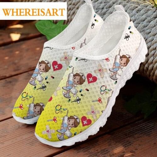 WHEREISART Womens Light Weight Slip On Mesh Shoes For Teen Girls Cartoon Cute Medical Nurse Prints Comfortable Sneakers