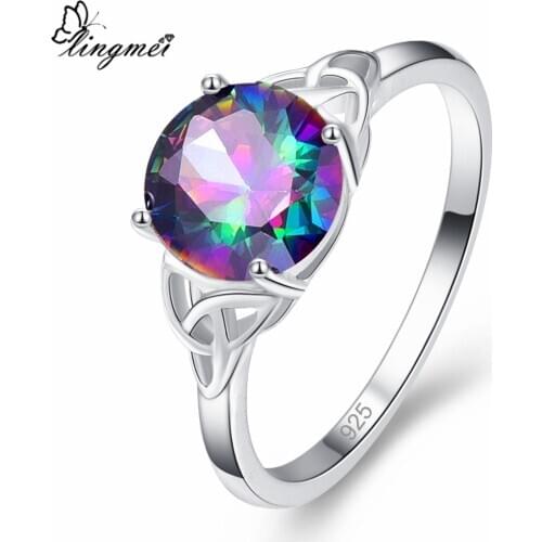 Lingmei Drop Shipping Solitaire Style Fashion Round Cut Cocktail Mystic Multi & Blue Zircon Silver Color Ring Size 6 7 8 9 Gift