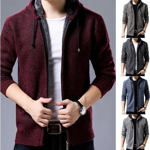 Mens Jacket Autumn Winter Streetwear Plush Liner Jackets Men Hooded Pockets Zip Knitted Coats
