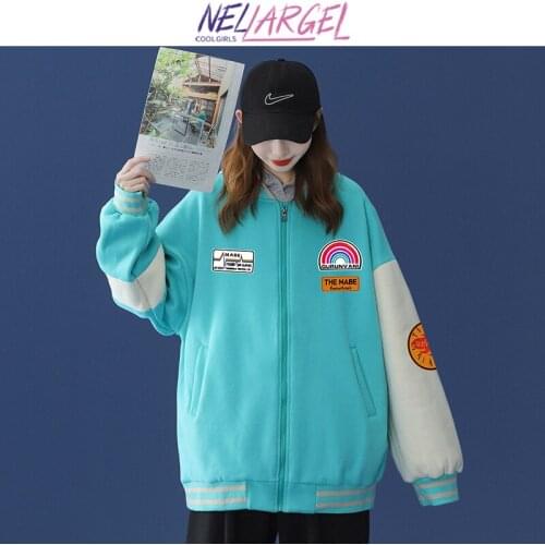 NELLARGEL Women Rainbow Kawaii Vintage Baseball Varsity Jacket 2021 Female Y2k Harajuku Kpop Bomber Jacket Girl Causal Jackets