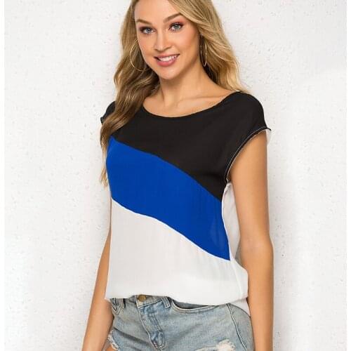 New Arrival Womens Blouses Black Blue And White Contrast Color Loose Round Neck Stitching short-sleeved Blouses Party Shirt
