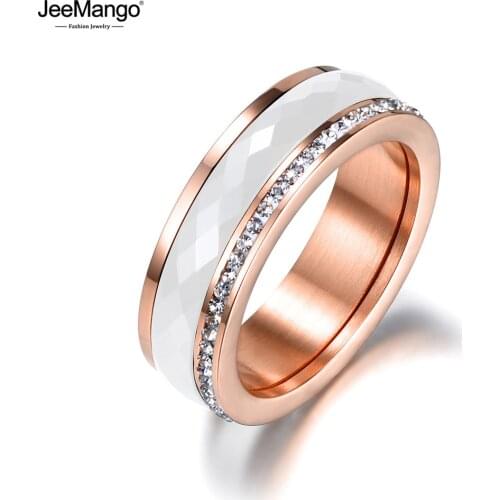 JeeMango Classic Titanium Steel White Ceramics Rings Jewelry Gold Color Cubic Zirconia Wedding Engagement Ring For Women JR18056