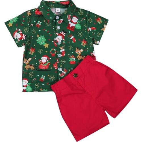 0-6 Years Baby Boy Christmas Clothes Set Kids Short Sleeve Print Shirts Toddler Red Shorts Gentalmen Suit Kid Santa Outfit