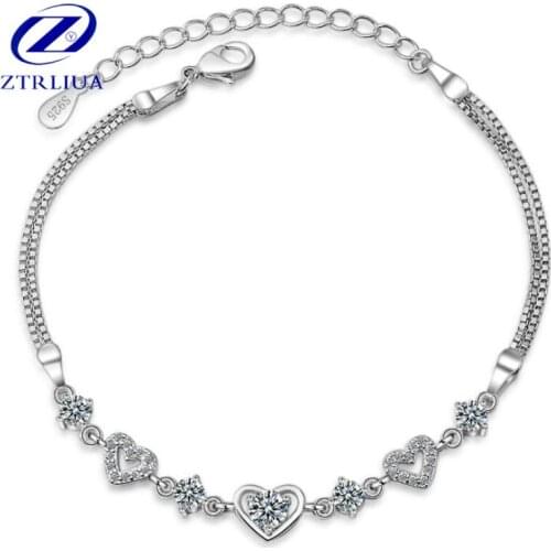 Popular Simple Temperament High-quality Fashion 925 Sterling Silver Jewelry Heart Love Crystal Double Layer Bracelets SB90