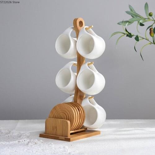Six-piece Simple Ceramic Cup Set 200ml Tea Cup Coffee Cup Three-dimensional Bamboo and Wooden Bracket Striped Non-slip Coaster