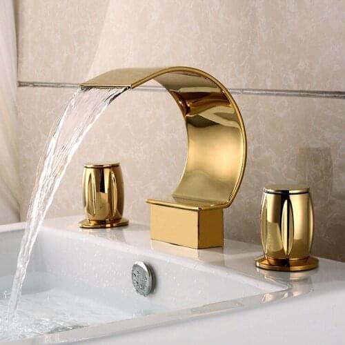 Luxury Gold Bathroom sink faucet Three Holes Two handles Waterfall Copper High Quality Basin Faucet Golden Cold hot water Tap