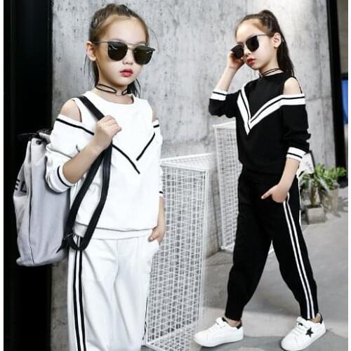 Tracksuit girls sports suits autumn clothes long sleeve sweatshirt +pants sets for girl black white clothing 9 10 12 14Y