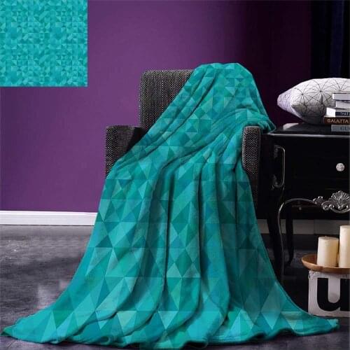 Teal Throw Blanket Geometrical Shapes Triangles Squares Modern Abstract Art Different Shades of Blue Warm Microfiber