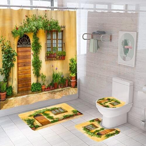 Doorway Street Alley Pattern Bathroom Curtains Set Retro House Fabric Shower Curtain Non-Slip Rugs Toilet Lid Cover Bath Mat
