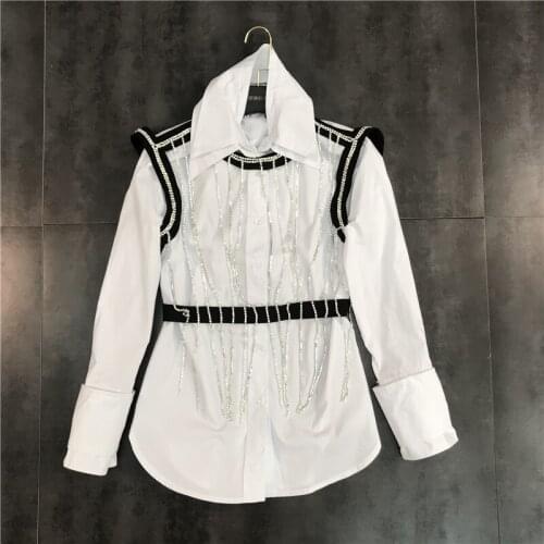 Spring Autumn Rhinestones Tassels Double Layers Turn-down Collar White Shirt Women Diamonds Chains Blouse