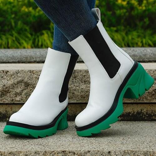 Women Mixed Color Ankle Boots Thick Bottom Slip On Low Heels Breathable Retro Casual Rome Style Females Elastic Shoes 2021 New