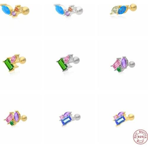 Aide 1PC 925 Sterling Silver Colored Oval Square Zircon Stud Earrings for Women Mini Rainbow Crystal Piercing Cartilage Earrings