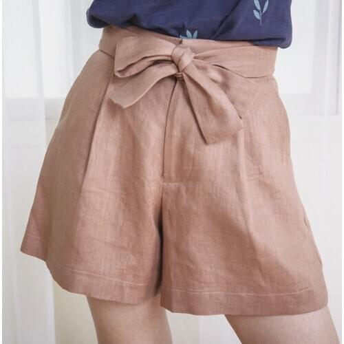 ElfStyle Women High Waist 100% Linen Shorts With Bow Ties - Newest Female Short Pants