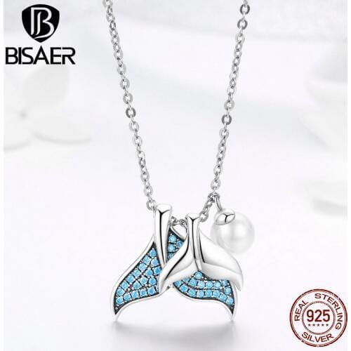 BISAER Hot Sale 925 Sterling Silver Mermaids Tears Tail Pendant Necklaces for Women Blue Crystal Sterling Silver Jewelry ECN309