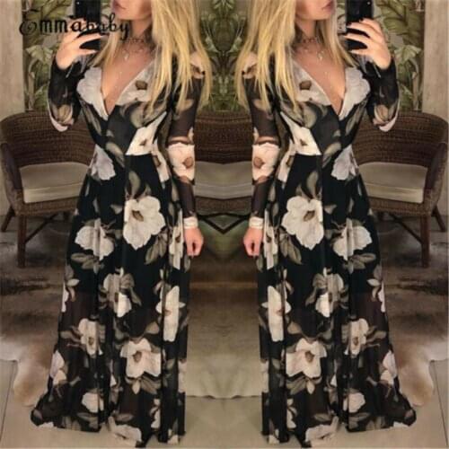 Plus Size Women Sexy Ladies Dress Party Long Sleeve V-Neck Floral Boho WomenMaxi Dress Clothing
