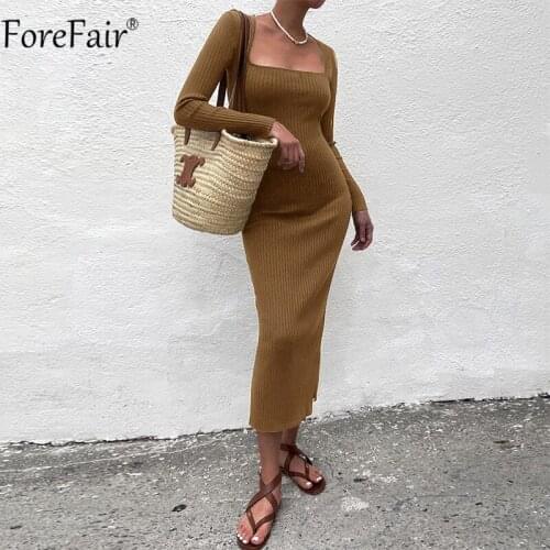Forefair Autmn Winter Sexy Midi Dresses Black Long Sleeve Ribber Solid Fashion Women Casual Party Knitted Bodycon Dress 2021