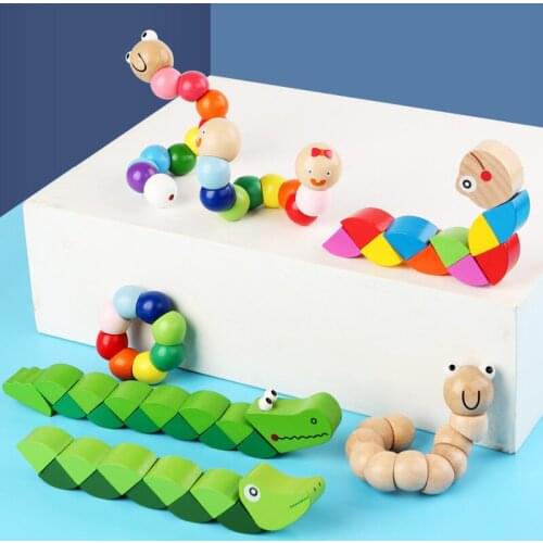 2021 Colorful Animal Wooden Twist Worm Puzzles Caterpillar Kids Educational Animal Crocodile Toys Baby Montessori Finger Toys