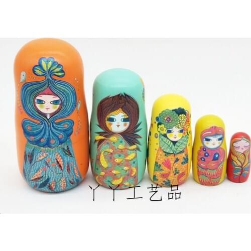 5Pcs/Set Basswood Russian Matryoshka Dolls Bear Ear Nesting Dolls Gift Russian Traditional Feature Ethnic Style Unisex Dolls