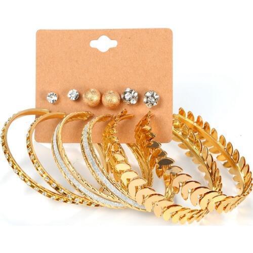 6Pairs/Set New Fashion Big Circle Crystal Stud Earrings Set For Women Punk Gold/Silver Color Fish Brincos Earrings