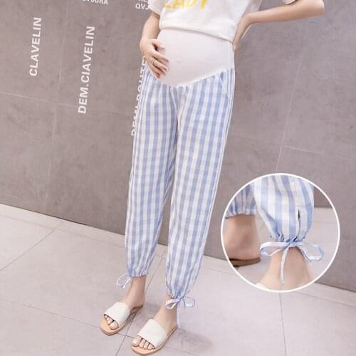 62045# Maternity Pants Summer Striped Support Abdomen Elastic Waist Belly Support Pants Maternity Trousers