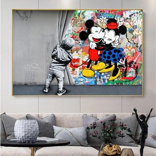 Banksy Graffiti Art Kids Behind The Curtain Canvas Painting Mickey and Minnie Mouse Street Art Wall Art for Living Room Home