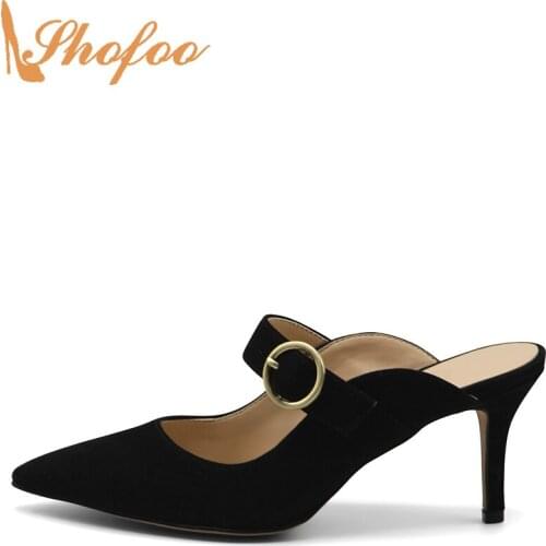 Black Mules Pumps High Kitten Heels Women Pointed Toe Buckle Strap Ladies Fashion Office Mature Shoes Large Size 12 16 Shofoo