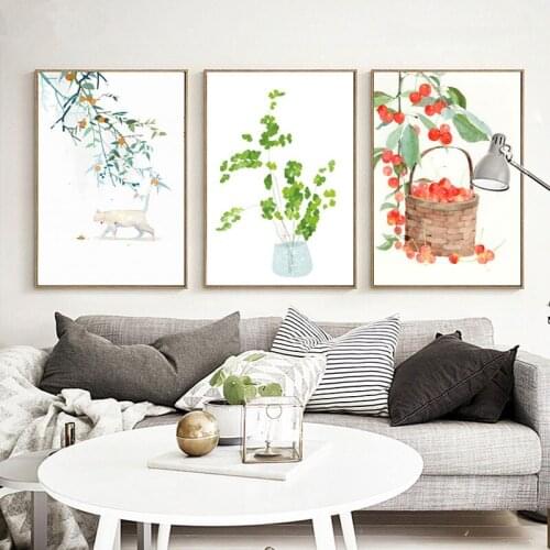 Country Style Watercolor Plant Flowers Cherry Cat Canvas Painting Nordic Poster Living Room Kitchen Home Decor Wall Art Pictures