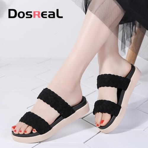 Dosreal Women Sandals Black Flats Sandals Woven Style Casual Shoes For Ladies Split Leather Slids Sandals Roman Gladiator Shoes