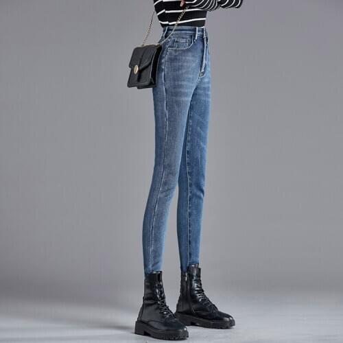 Fleece jeans women autumn and winter thickened high waist elastic band fleece outer wear long pants women