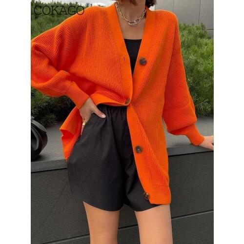 COKAGO Autumn Winter Orange Cardigan Oversized Women Long Sleeve Button Casual Y2k Loose Knitted Sweater Fashion Womens coat