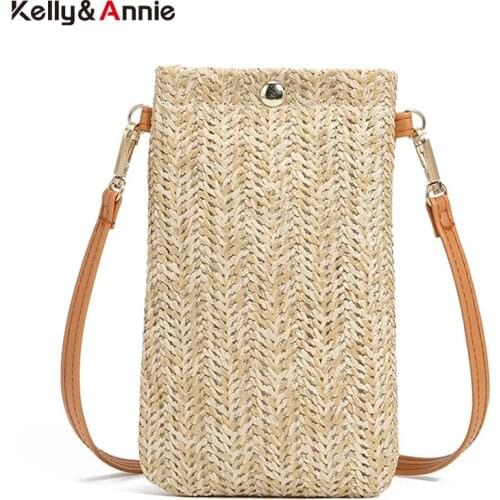 Summer Beach Straw Woven Small Phone Bag Women Handmade Rushwork Ladies Shoulder Crossbody Bags Weaving Female Mini Purse Girls