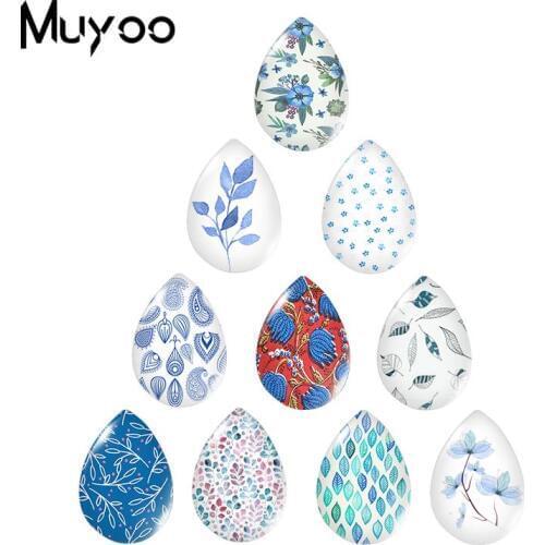 2019 New Blue Floral Tear Drop Cabochon Art Tree Leaves Glass Cabochons Photo Handmade Jewelry