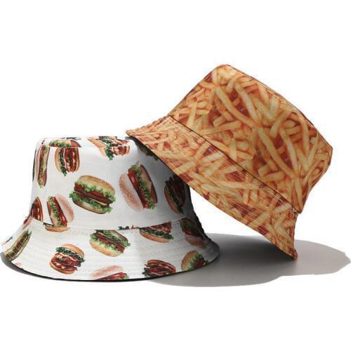 2020 New Fashion Summer Potato Chips Hamburger Printed Fisherman Caps Reversible Bucket Hats Gorro Pescador Men Women