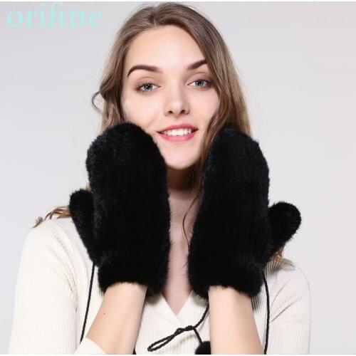New lady winter fashion warm gloves natural mink fur mittens knitted real fur mink