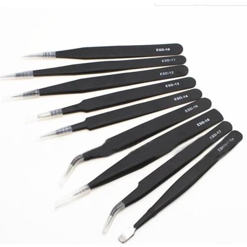1.5mm Tweezers Tools Kit 9 Pcs Precision Stainless Steel Industrial Anti-static Tweezers Repair Phone Clocks Watches Hand Tool