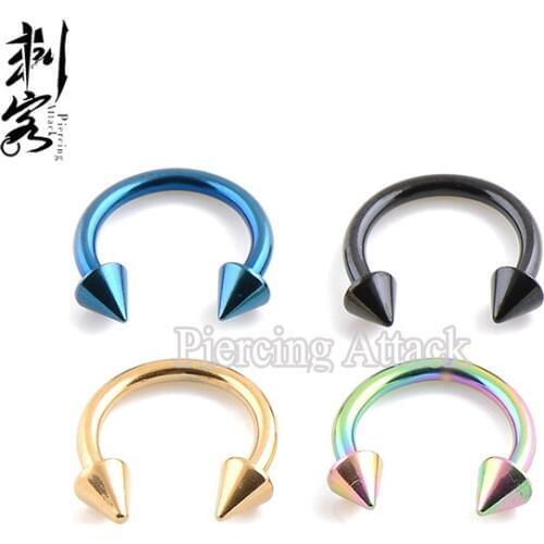 14 Gauge Titanium Anodized Spike Horseshoe Stud Earrings Circular Barbell 1.6*10*4mm Body Jewelry
