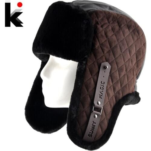 New Arrivals Bomber Hat For Men Winter Warm Faux Leather Hats Mens Thick Double Layer Bomber Hats Earflaps Faux Fur Snow Hat
