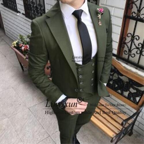 Dark Green North Lapel Wedding Suit for Groom Costume Three Piece Jacket Double Breasted Waistcoat Pants Custom Blazer