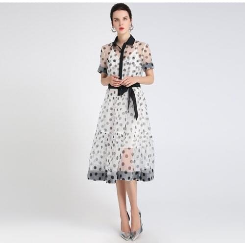MIUXIMAO High Quality 2020 Fall Dress Newest Half Sleeve Dot Print Elegant Casual Dress Women Vestidos With Belt