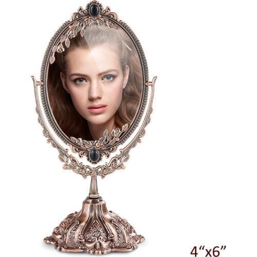 European Antique Copper Engraved Rose Flower Branch Design Double-sided 4x6 inches Oval Metal Framed Tabletop Swing Mirror
