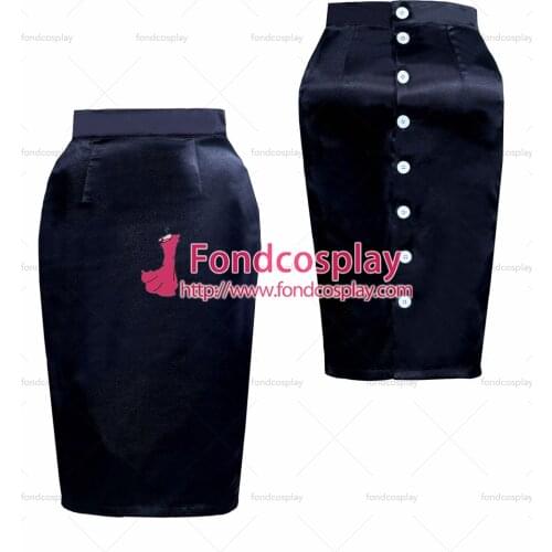 Fondcosplay adult sexy cross dressing sissy maid short black satin button hobble skirt White button Tailor-made[G3889]