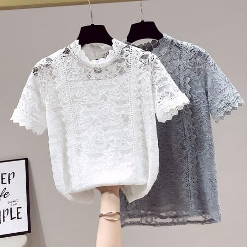 2021 Summer Elegant Women Hollow Out Lace Collar Short Sleeves Slim Shirts Female Casual Pullover Tops Ladies Shirt Blouse